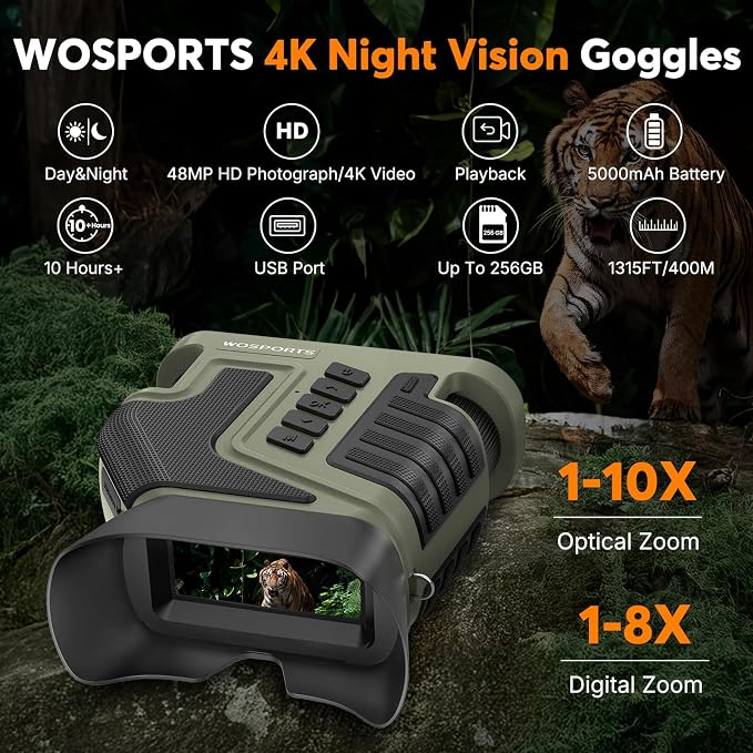 WOSPORTS 4K Night Vision Goggles – up to 80X Total Magnification, 10X Optical + 8X Digital Zoom, 64GB TF Card, 1315FT Vision Range, 5000mAh Rechargeable Battery, IPX Waterproof NVG, Gifts for Men
