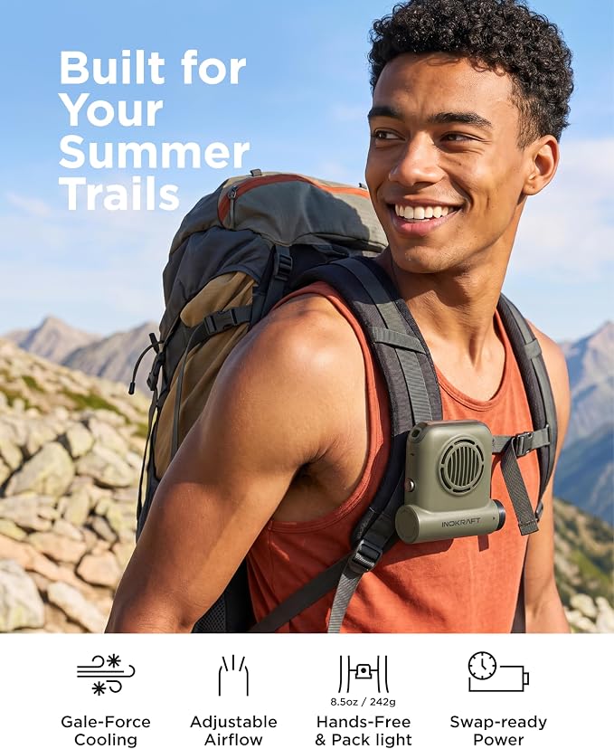 InoKraft Portable Fan Rechargeable for Hiking & Camping, Clip-On Waist Fan with Swappable 4Ah Rechargeable Battery, 49 ft/s Turbo Airflow, Up to 13H+ Runtime