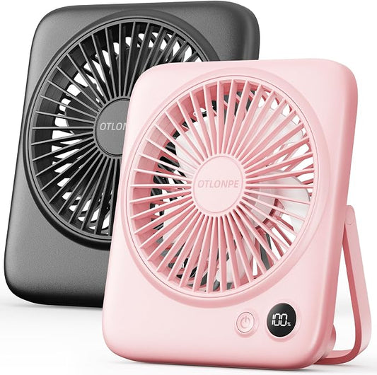 Otlonpe 2 Pack Portable Desk Fan 6.5 Inch, 4000mAh Rechargeable Battery Operated & USB Powered, 23Hrs Cordless Small Personal Travel Fan 4-Speed Quiet for Office Home Sleeping, Led Display, Foldable