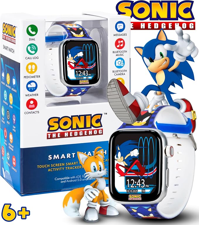 Sonic The Hedgehog Kids Smartwatch – Bluetooth Calling, Messages, Camera, Music, Sleep Tracker, Fitness & Activity Apps – 6 Watch Faces, Touchscreen, USB Rechargeable – Fits Wrists 5.5" to 8"