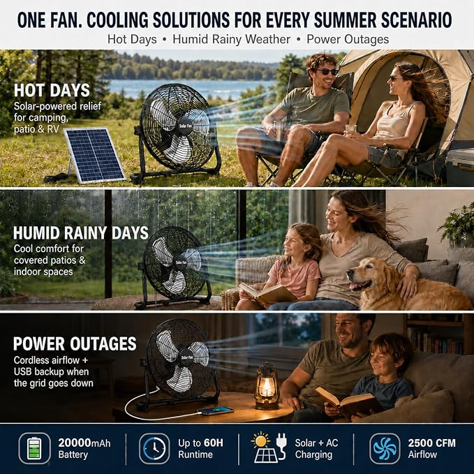 18" Solar Powered Fan - Rechargeable Floor Fan with Solar Panel & AC Charging, 60H Runtime Battery, Cordless Portable Outdoor Fans for Home Camping RV Patio Gazebo Greenhouse Power Outage