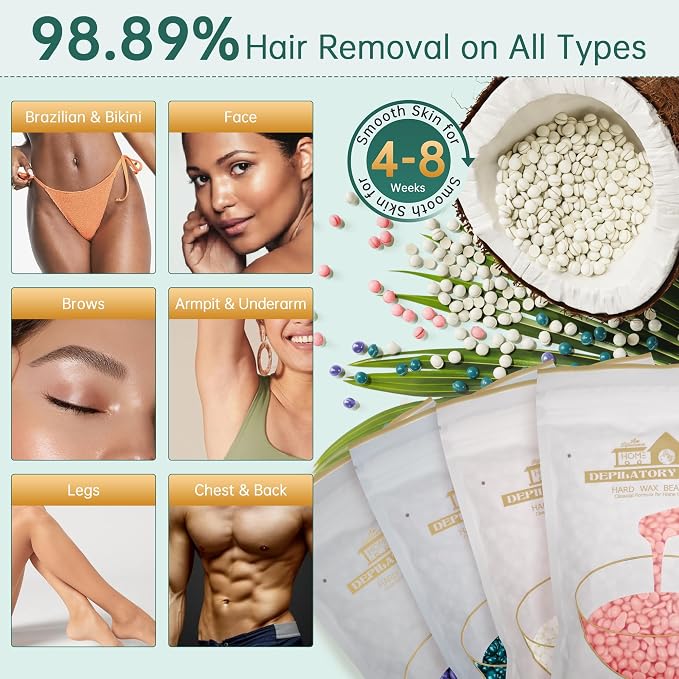 Lifestance Waxing Kit for Women & Men - L3 Serene Gold Digital Warmer, Silicone Wax Pot Liner, Hair Removal Kit with 14.1oz Hard Wax Beads & Oil Spray, Professional for Home Brazilian Bikini Face Leg