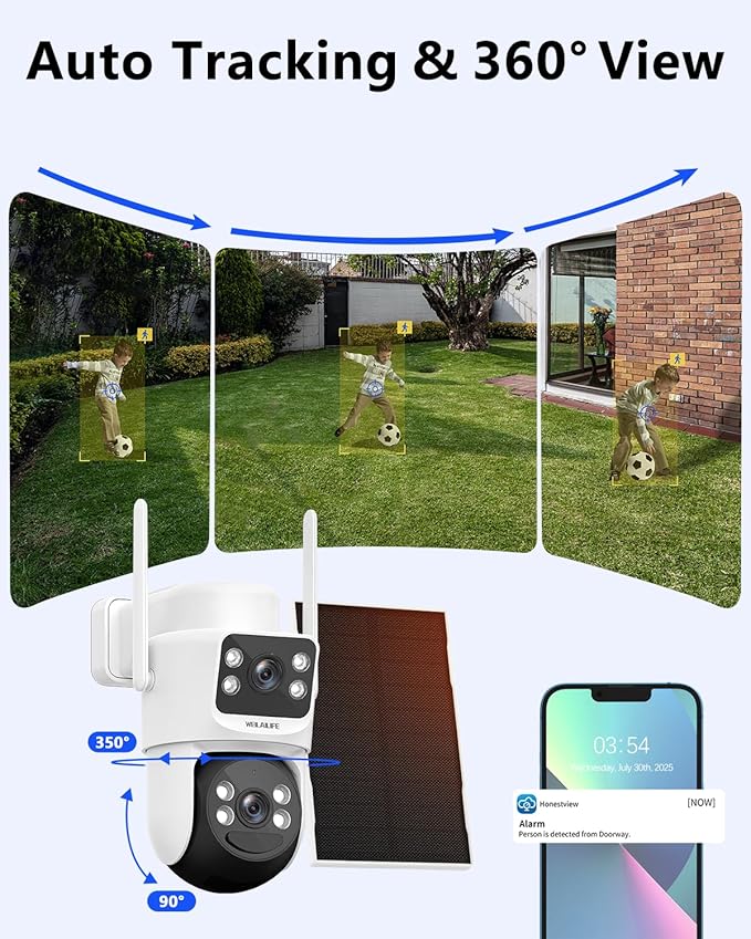 WEILAILIFE 【Auto Tracking & 2-Way Audio】 Security Cameras Wireless Outdoor, Solar-Powered PTZ Security Camera System, WiFi Home Video Surveillance Systems DVR Kits