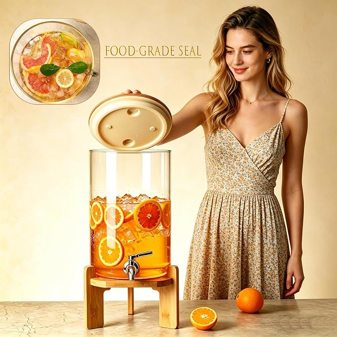 Beverage Dispenser, 2.1Gallon Glass Drink Dispenser with Stand, Stainless Steel Spigot, Ideal for Parties, Bars, Restaurants (8L/2.1 Gallon)