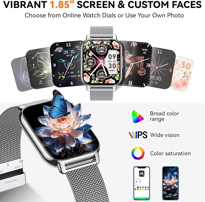 Smart Watch for Women (3 Bands), 1.85'' HD Fitness Tracker with Bluetooth Calls, IPX8 Waterproof Smartwatch for Android iPhone, 112+ Sport Modes, Heart Rate & Sleep Monitor, Silver