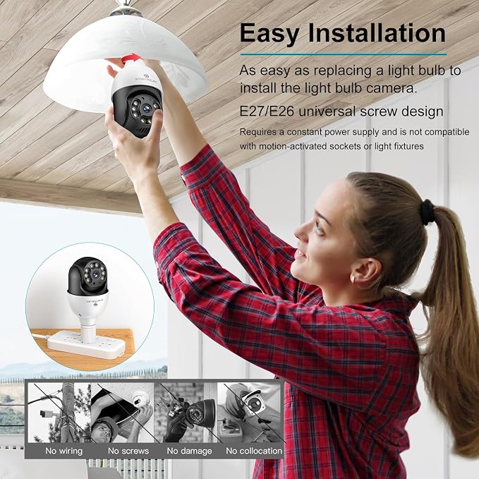 SYMYNELEC Light Bulb Security Camera Outdoor Waterproof 2.5K, 2.4GHz Wireless WiFi Light Socket Security Cam with AI Human Motion Detection Tracking Color Night Vision Works with Alexa Google (2 PCS)