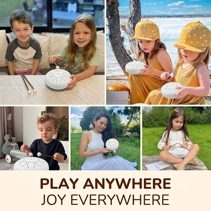 Balmy Drum Steel Tongue Drum 6 inch 8 Notes 440Hz, Handpan Drum with Music Book, Mallets, Carry Bag, Finger Picks, Rain Drum for Outdoor, Meditation Yoga Calming Instruments for Adults Kids (White)