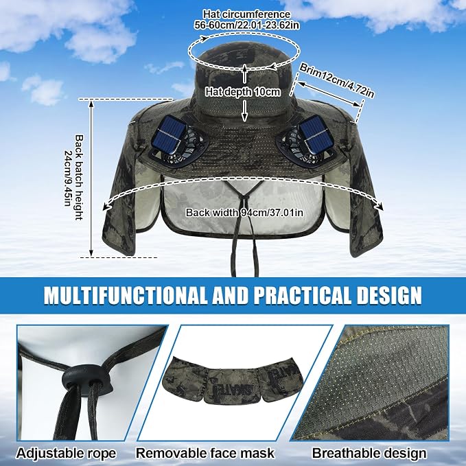 Chuarry Wide Brim Sun Hat with 2 Solar Fans and Neck Flap Outdoor Solar Powered USB Charging Bucket Fishing Hat for Men Women
