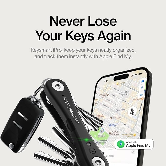 KeySmart iPro - Key Finder Locator with Sound, Keychain Key Holder, Apple Find My App Compatible, Key Organizer, Compact Clutter-Free Key Chain Tracker, Rechargeable Battery (Up to 14 Keys, Black)