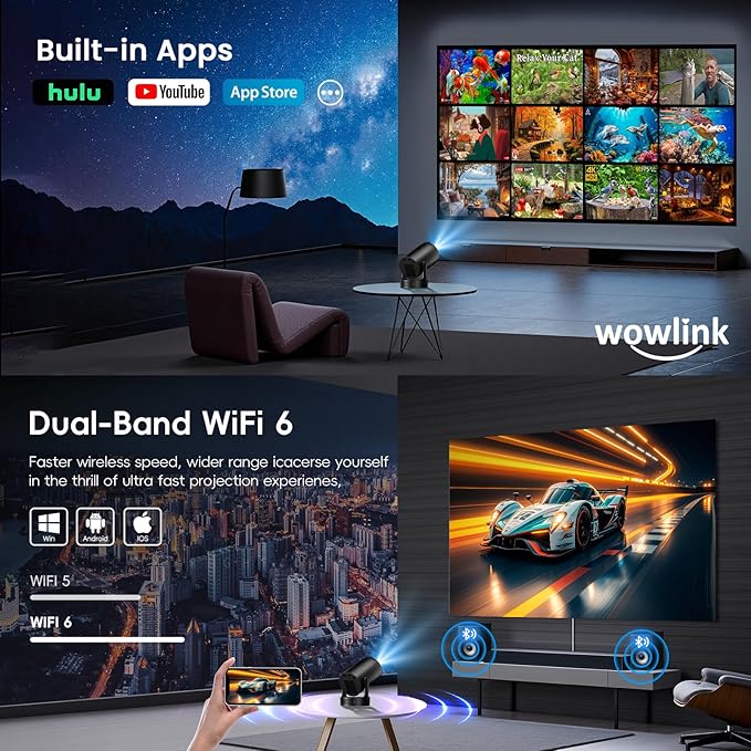 [Built-in Apps & 2026 Upgraded] Mini Projector with WiFi 6 and Bluetooth 5.4 Support 4K 1080P Auto Keystone 180° Rotatable Projector Portable Compatibile with HDMI/TV Stick/Memory Stick/Laptop, Dark