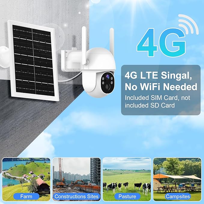 4G LTE Cellular Security Camera Outdoor System, Lifetime Free Unlimited Data,Wireless Solar Security Camera Built in SIM Card, 360° Live View, 2K Color Night Vision, PIR Motion Detection&Alert