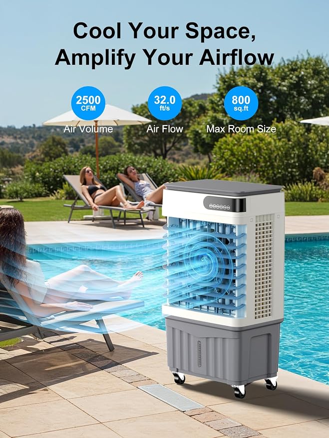 Uthfy Swamp Cooler, 36 Inch Evaporative Air Cooler with 8 Gal Water Tank, 2500 CFM, 120° Oscillation, 3 Modes & 3 Speeds, Remote, 12 H Timer, 4 Ice Packs, Portable Air Conditioner for Indoor