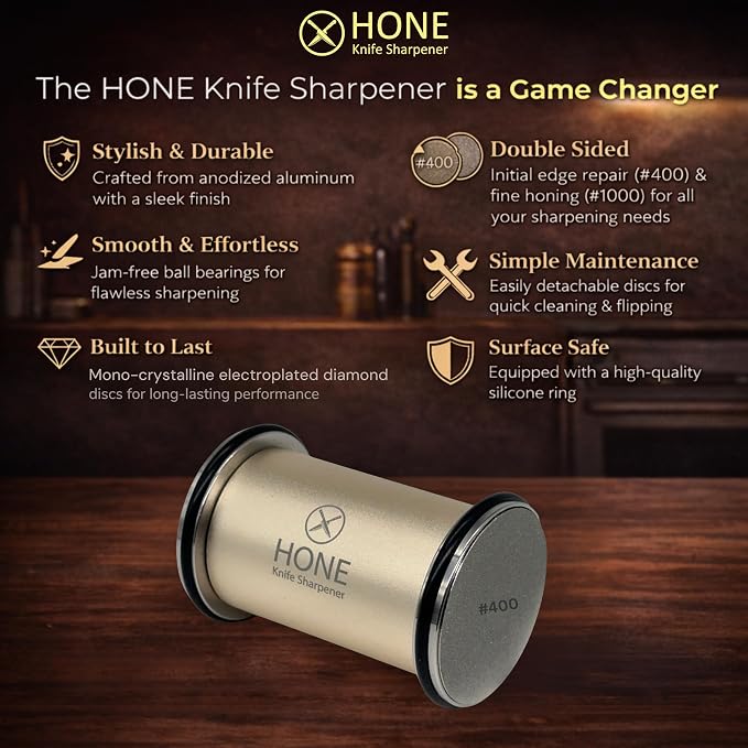 𝗛𝗢𝗡𝗘 𝗞𝗻𝗶𝗳𝗲 𝗦𝗵𝗮𝗿𝗽𝗲𝗻𝗲𝗿 Engineered in Canada, Kitchen Rolling Knife Sharpener with Ball Bearings, Detachable Dual-Sided Diamond Plates, Small Knives Slot, 20° & 15° Precision Sharpening
