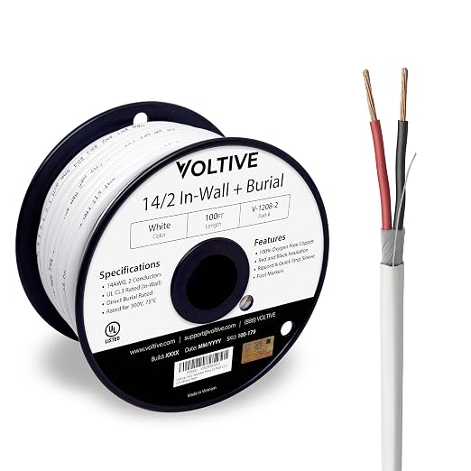 Voltive 14/2 Speaker Wire, in-Wall CL3 & Direct Burial, White, 100ft - 14AWG, 2 Conductors, Stranded Oxygen-Free Copper, UL Listed - V-1208-2