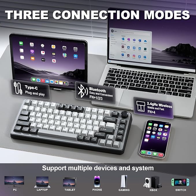 YUNZII B75 PRO Wireless Mechanical Keyboard,75% Layout with Knob,Hot Swap Gasket Custom Structure,Creamy Pre-lubed Switches,RGB Backlit,BT/Type-C/2.4G for Win/Mac(Cocoa Cream V2 Switch,Dark Grey)