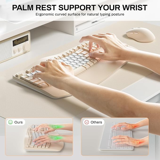 Ergonomic Wireless Keyboard and Mouse Combo, Wave Keys Keyboard with Wrist Rest for Natural Typing, 3 DPI Adjustable Ergonomic Silent Mouse for Computer/Laptop/Windows/Mac (Latte Color-B)