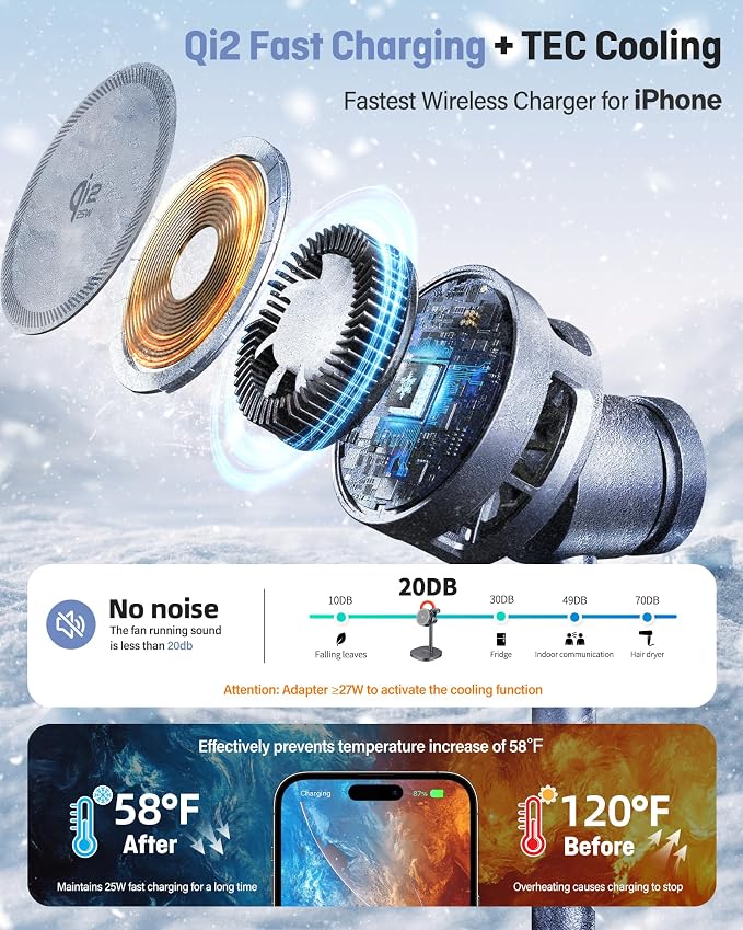 Augnner 3 in 1 Wireless Charging Station, 25W Certified Fast Magnetic Charger, Mag-Safe Wireless Charger Stand with TEC Active Cooling, for iPhone17/16/15/14/13/12, Apple Watch/AirPods