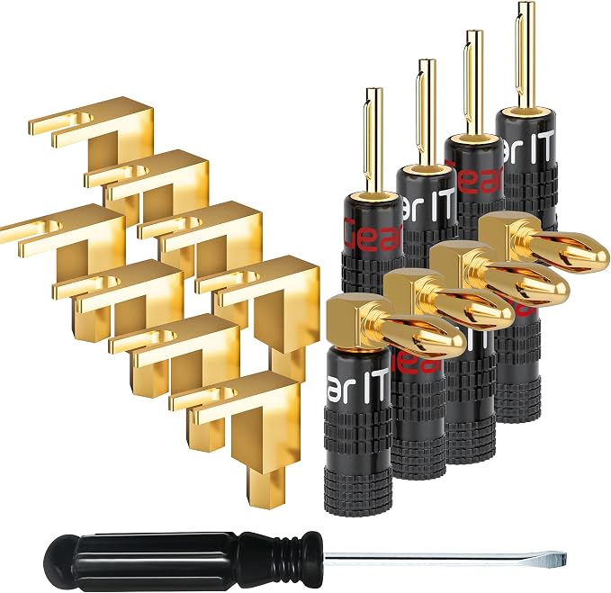 GEARit (4 Pairs, 8 Pieces) Right Angle Spade Plugs (2 Pairs, 4 Pieces) Banana Plugs (2 Pairs, 4 Pieces) Right Angle Banana Plug, Spade to Banana Plug Adapter Speaker Connector, 90 Degree Pin Plug Type