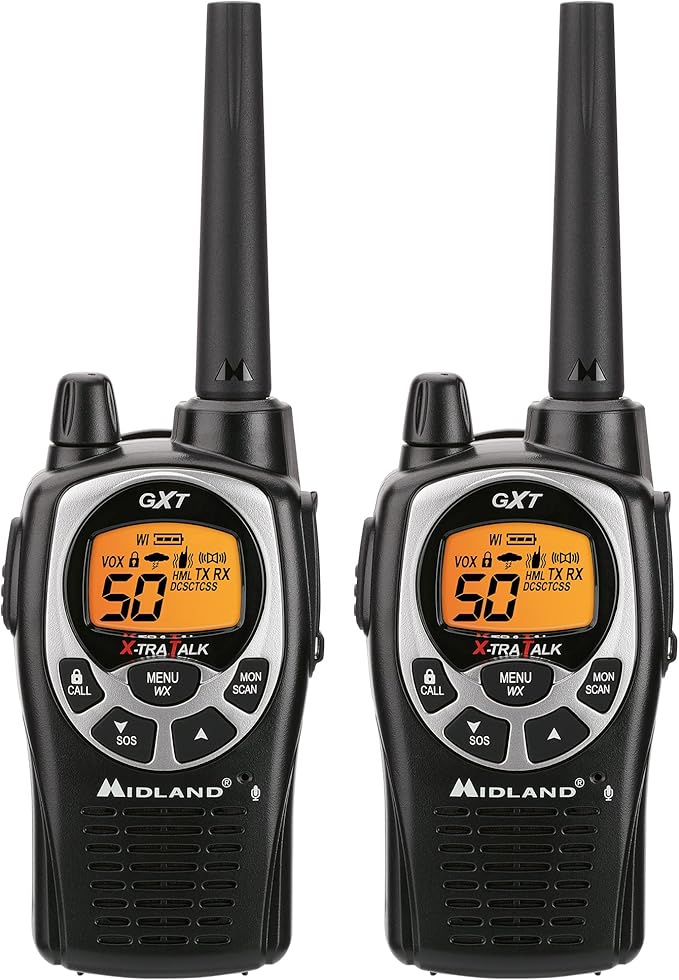 Midland GXT1000VP4 GMRS Two-Way Radio (50 Channel, Long Range, 142 Privacy Codes, SOS, NOAA, Rechargeable Nickel Battery, Black/Silver 2-Pack)