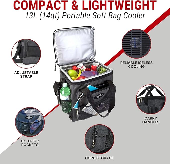 Koolatron Electric Portable Cooler Plug in 12V Car Cooler Bag, 14 qt (13 L) Black/Gray Soft-Sided No Ice Thermo Electric Portable Fridge for Camping, Adjustable Shoulder StrapTravel Road Trips.