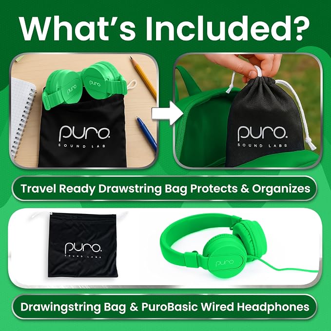 Puro Sound Labs Kids Wired Headphones – Volume-Limiting & Adjustable, Safer & Comfortable Headphones for Kids – Compatible with PCs, Smartphones & Tablets, Ideal for School & Travel – PuroBasic, Green