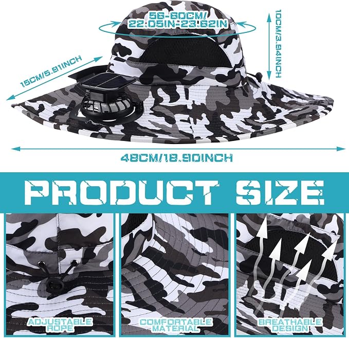 Berlune Sun Hat with 2 Solar Fan Wide Brim Fishing Bucket Hat USB & Solar for Men Women UPF 50+ Cooling for Fishing Beach