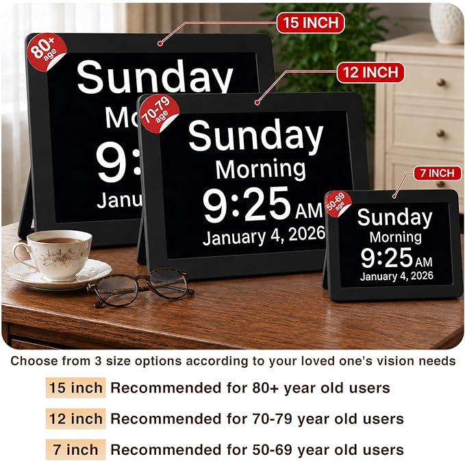 Robin Clock 2026 with Day and Date for Elderly, Clocks for Seniors, Dementia Clock, Digital Calendar Elderly, Bedside Clocks Seniors, Alzheimers Products, Dementia Clocks Large, Black