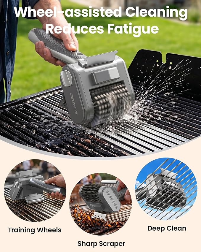 Electric Grill Brush for Outdoor Grill, Cordless BBQ Cleaner with LED Light, Scraper, Dishwasher‑Safe Bristles, 4000 mAh Battery, Rechargeable Power Grill Scrubber (Silver)