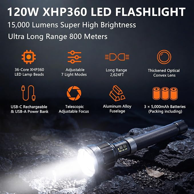 Rechargeable Tactical Flashlight 15,000 High Lumens with USB Output | 120W XHP360 LED Super Bright Zoomable Flashlight, 2624FT Long Range, IP67 Waterproof for Emergency, Outdoor Camping & Hunting