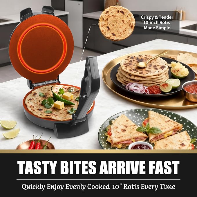 FineMade Compact 10'' Roti Maker Machine, Electric Tortilla Press with Detachable Handle, Prensa Para Tortillas,Chapati Maker Machine, Burrito Maker, Tortillera, Black