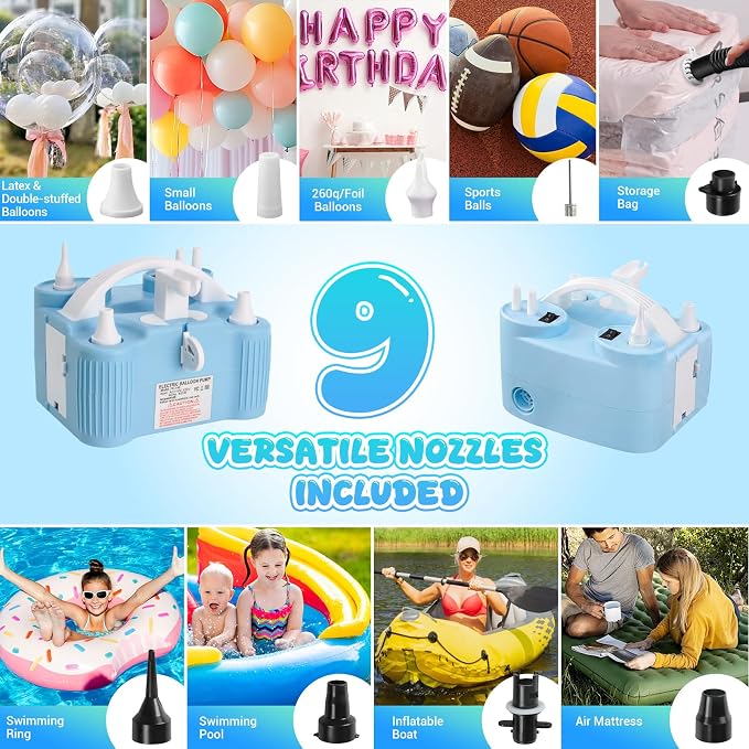 4-in-1 Electric Balloon Pump for All Balloons, Portable Triple Inflating Ports Air Pump, 600W High Power Balloon Blower for Latex Foil 260q Mylar Balloon, Air Beds Pool Float Sports Balls