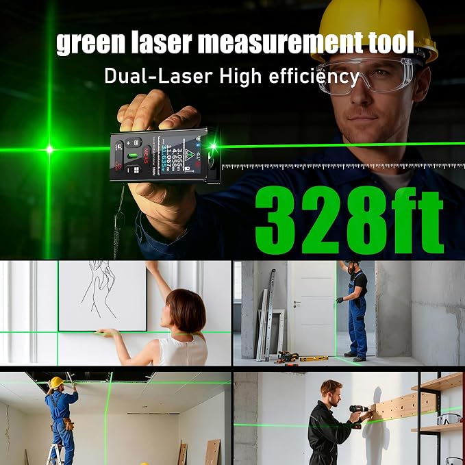 ZC-L387 Laser Measuring Tool 328Ft /100m Dual Green Laser Rangefinder Green Crosshair Laser Measuring Tool Backlit LCD Display Rechargeable Laser Rangefinder/Length/Volume/Area/Voice (m/Ft/in)