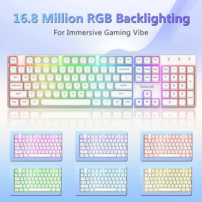 Redragon K710 Wireless Mechanical Gaming Keyboard, Bluetooth/2.4G/Wired Tri-Mode, RGB Backlit, Clicky Blue Switch, Rechargeable Battery, Solid Metal Panel, PBT Keycaps for PC/Mac, White