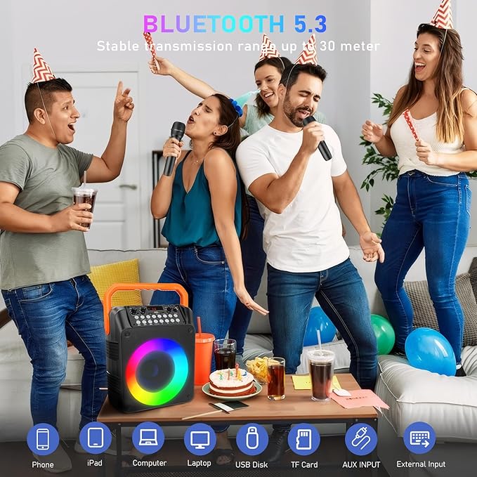 Karaoke Machine with 2 Wireless Microphones, Portable Bluetooth Karaoke Speaker for Adults & Kids with Strobe Lights, Karaoke Microphone with PA System Supports TWS/USB/TF/REC/FM/AUX