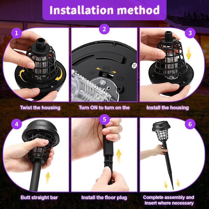4 Pcs Solar Bug Zapper Outdoor Waterproof Mosquito Repellent Light Solar Power Fly Killer Lamps for Moths, Gnats, Fly, Small Flying Insect Backyard Garden Lawn (Plastic,Purple & Sunlight)
