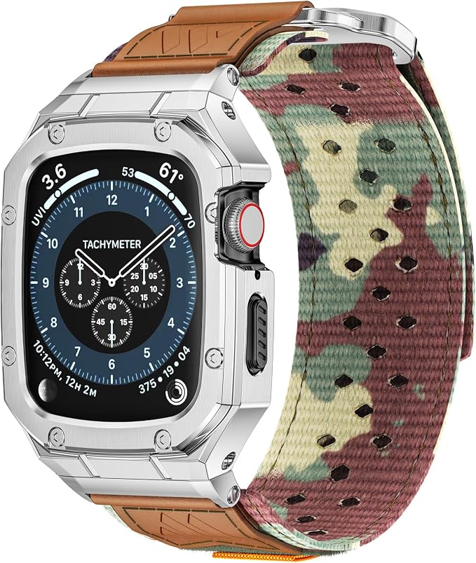 BAITEYOU Band with Case Compatible with Apple Watch Band 45mm Series 9 8 7, Nylon Strap with Stainless Steel Metal Rugged Case Cover for iwatch Bands for Men