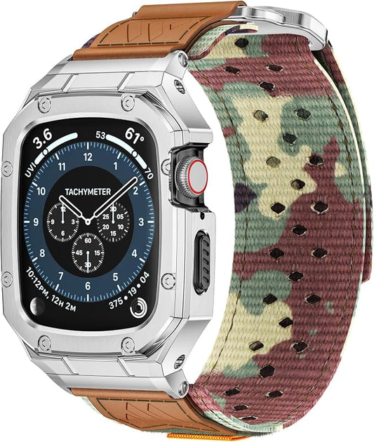 BAITEYOU Band with Case Compatible with Apple Watch Band Series 9 8 7 (41mm) 6 5 4 SE 3 2 1 (40mm 38mm), Nylon Strap with Stainless Steel Metal Rugged Case Cover for iwatch Bands for Men