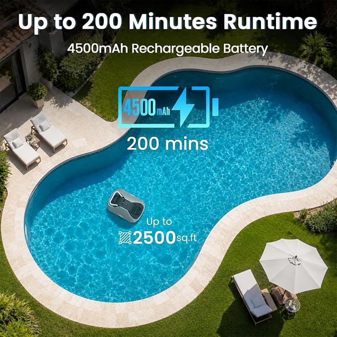 Robotic Pool Cleaner, Cordless Pool Vacuum for Above Ground & Inground Pools, 200mins Runtime Automatic Pool Vacuum Robot for Leaves & Dirt, Powerful Suction up to 2500 sq.ft, Self Parking-Teal