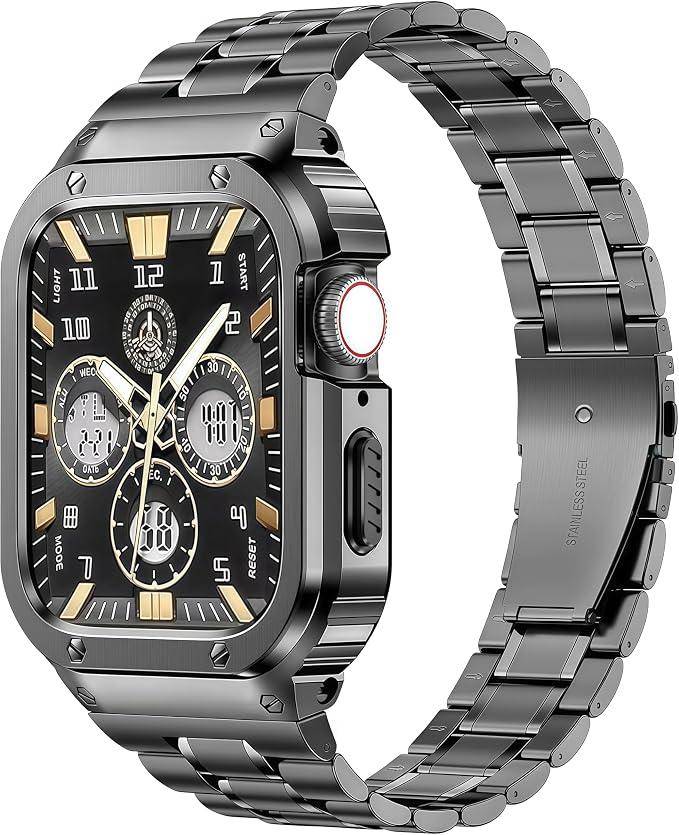 MioHHR Stainless Steel Watch Band with Case Compatible with Apple Watch Series 6 5 4 SE3/2/1(44mm) Series 3/2/1(42mm),Rugged Strap with Metal Protective Bumper Cover for iWatch Band Men(Space Grey)