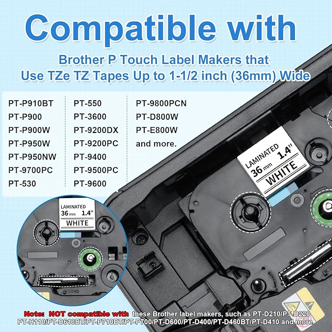 Labelife 36mm Label Tape TZe-261 Replacement for Brother P Touch TZe TZ Tape 36mm 1.4 Inch Laminated White TZe261 TZ-261 for Brother Ptouch PT-P910BT PT-P900W PT-P950W PT-530 PT550 Label Maker, 4-Pack