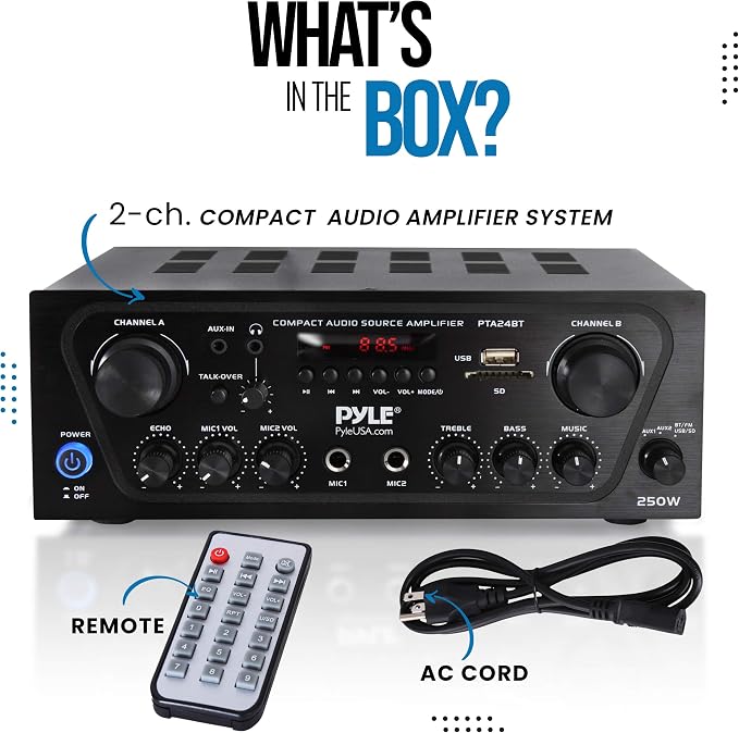 Pyle 2-Channel Bluetooth Home Stereo Amplifier - 250W Wireless Audio Receiver, Karaoke Optimized: Dual Mic In with Echo, Mic Talk-Over, FM Radio, USB-A MP3 Player, RCA, AUX, Remote Ctrl - PTA24BT