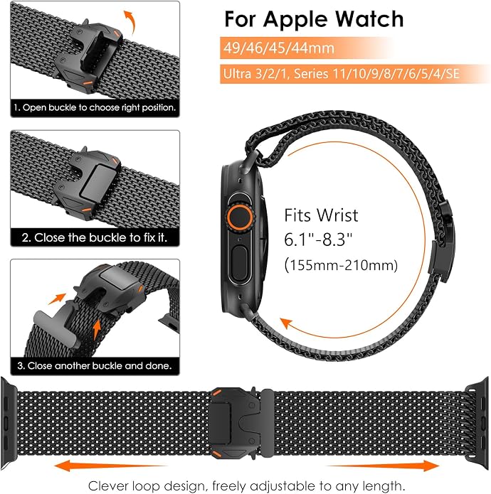 WINGLE Milanese Loop for Apple Watch Band Ultra 3/2/1 Band Ultra 49mm Series 11 10 46mm 45mm 44mm SE 3/2/1 Series 9 8 7 6 5 4 3 Men Women,Parachute-Style Buckle Stainless Steel Mesh Metal iWatch Bands
