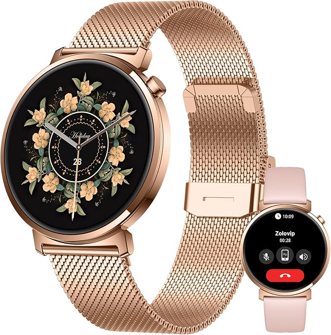 Smart Watch for Women, 7.9mm Ultra Thin 1.32" AMOLED Screen, Bluetooth Calling, Fitness Tracker for Android iPhone, Heart Rate Sleep Monitor, IP68 Waterproof, 2 Straps, Rose Gold Gift