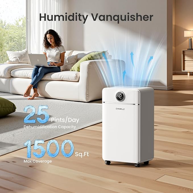 CHIVALZ 1500 Sq.ft Dehumidifier for Basement with Drain Hose, 25 Pints Dehumidifiers for Home, Bedroom, Bathroom, RV, 40dB, Intelligent Humidity Control, 3 Modes, 24H Timer, White 1Pack
