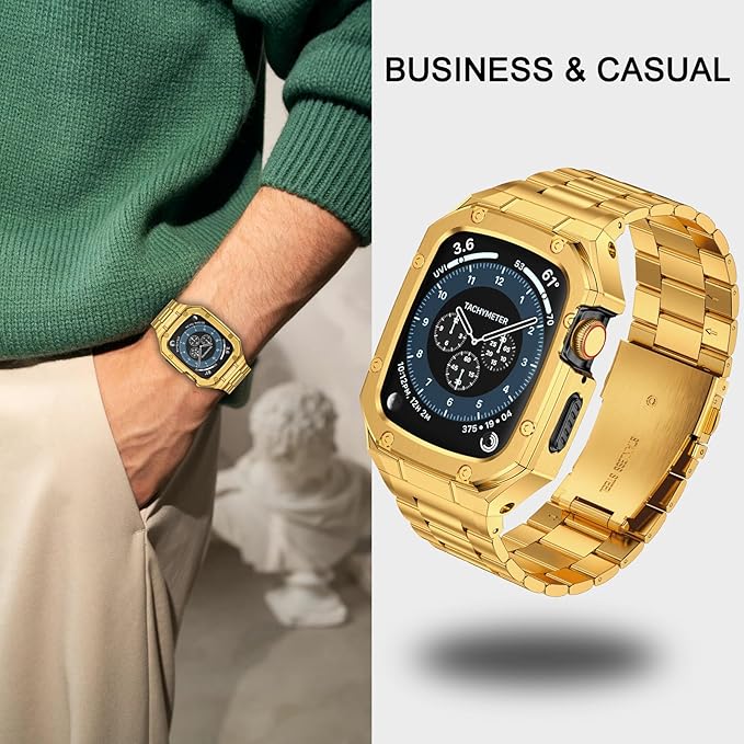 BAITEYOU Stainless Steel Watch Band with Case Compatible with Apple Watch Series 11 10 42mm, Rugged Strap with Metal Protective Bumper Cover for iWatch Bands Men (Gold)
