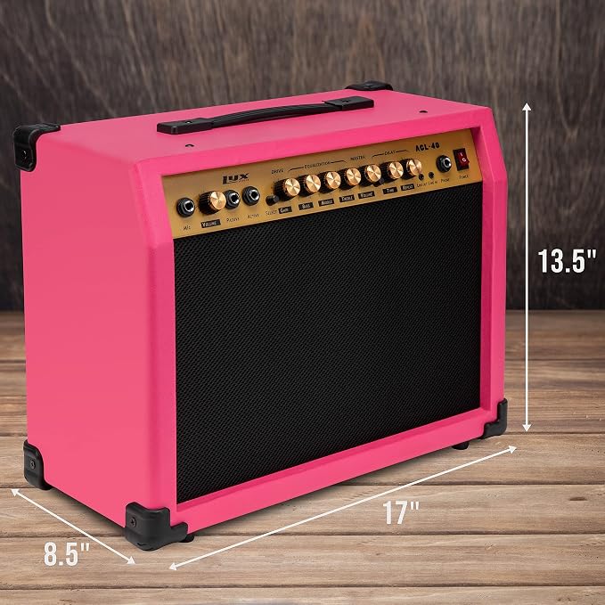 LyxPro 40 Watt Electric Guitar Amplifier | Combo Solid State Studio Amp with 8” 4-Ohm Speaker, Custom EQ Controls, Drive, Delay, ¼” Passive/Active/Microphone Inputs, Aux In & Headphone Jack - Pink