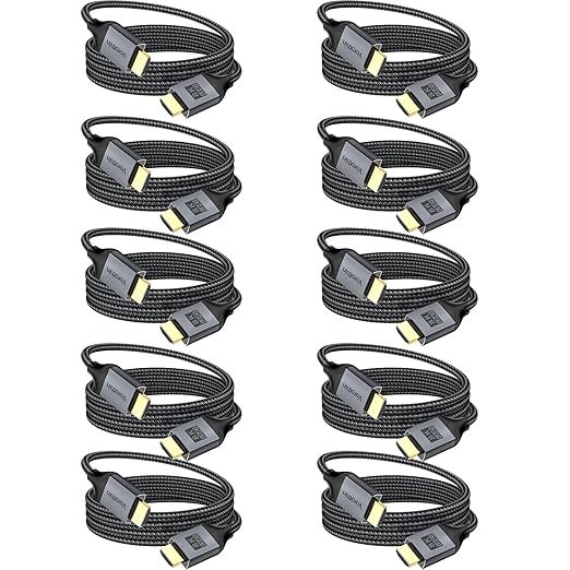 10 FT HDMI Cable 10-Pack, High Speed 8K HDMI 2.1 Cord 48Gbps, Shielded CL3 Rated HDMI Cable 8K@60Hz, 4K@144Hz/120Hz, HDR10+, eARC/ARC for TV，Soundbar, Roku, 8K/4K Monitor,Laptop,Graphics Card,Camera