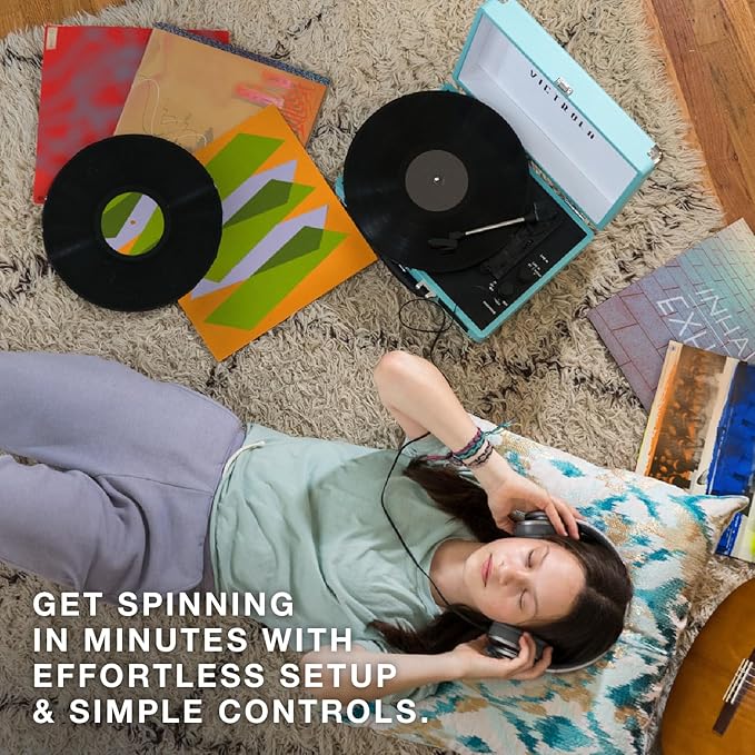 Victrola Journey Bluetooth Portable Suitcase Record Player – with Built-in Speakers, 3 Speed Vinyl Record Player, RCA Out, Headphone Jack (Smoky Blue)