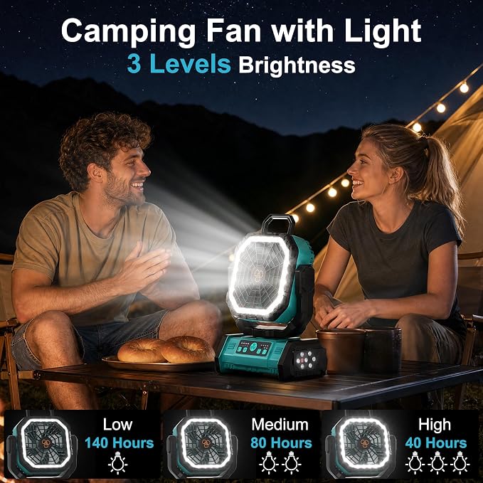Honesorn Portable Rechargeable Fan 20000mAh, Camping Fan with LED Light & Remote, USB C Cordless Battery Powered, 4 Speeds Timer Hanging Hook for Travel Tent Outdoor Essentials - Blue
