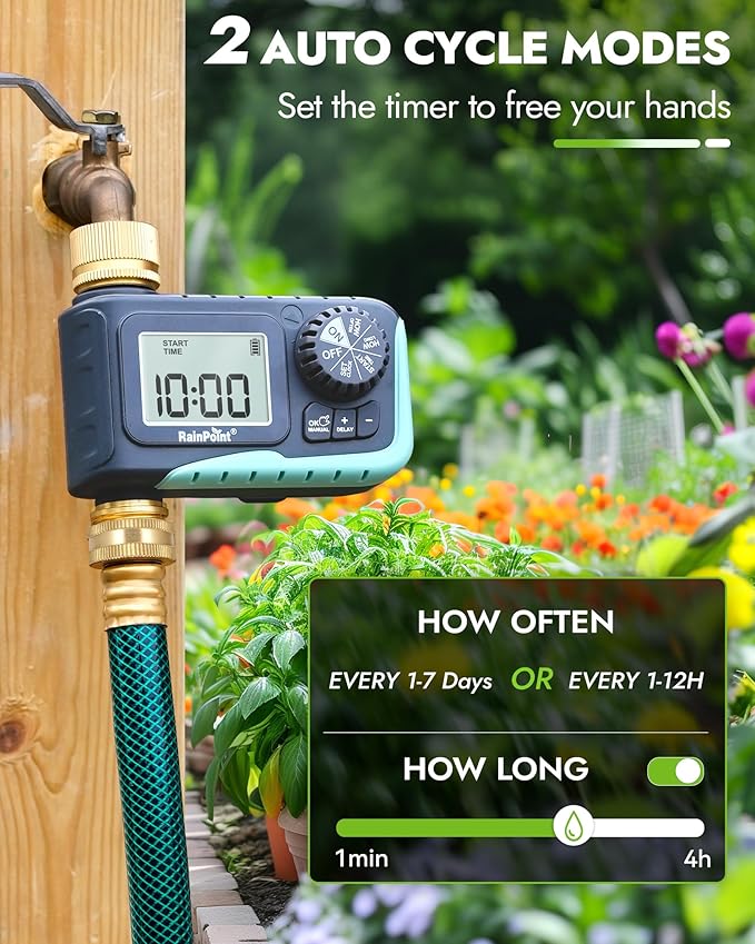 RAINPOINT Sprinkler Hose Timer with 2 Way Heavy Duty Metal Hose Splitter Programmable Watering Timer and 3/4 Inch GHT Y Spigot Splitter with Shut Off Valves for Faucet and Drip Irrigation